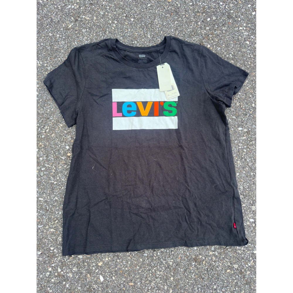 Levis Womens Black Rainbow Logo Graphic T-Shirt Short Sleeve Crewneck New NWT XL
